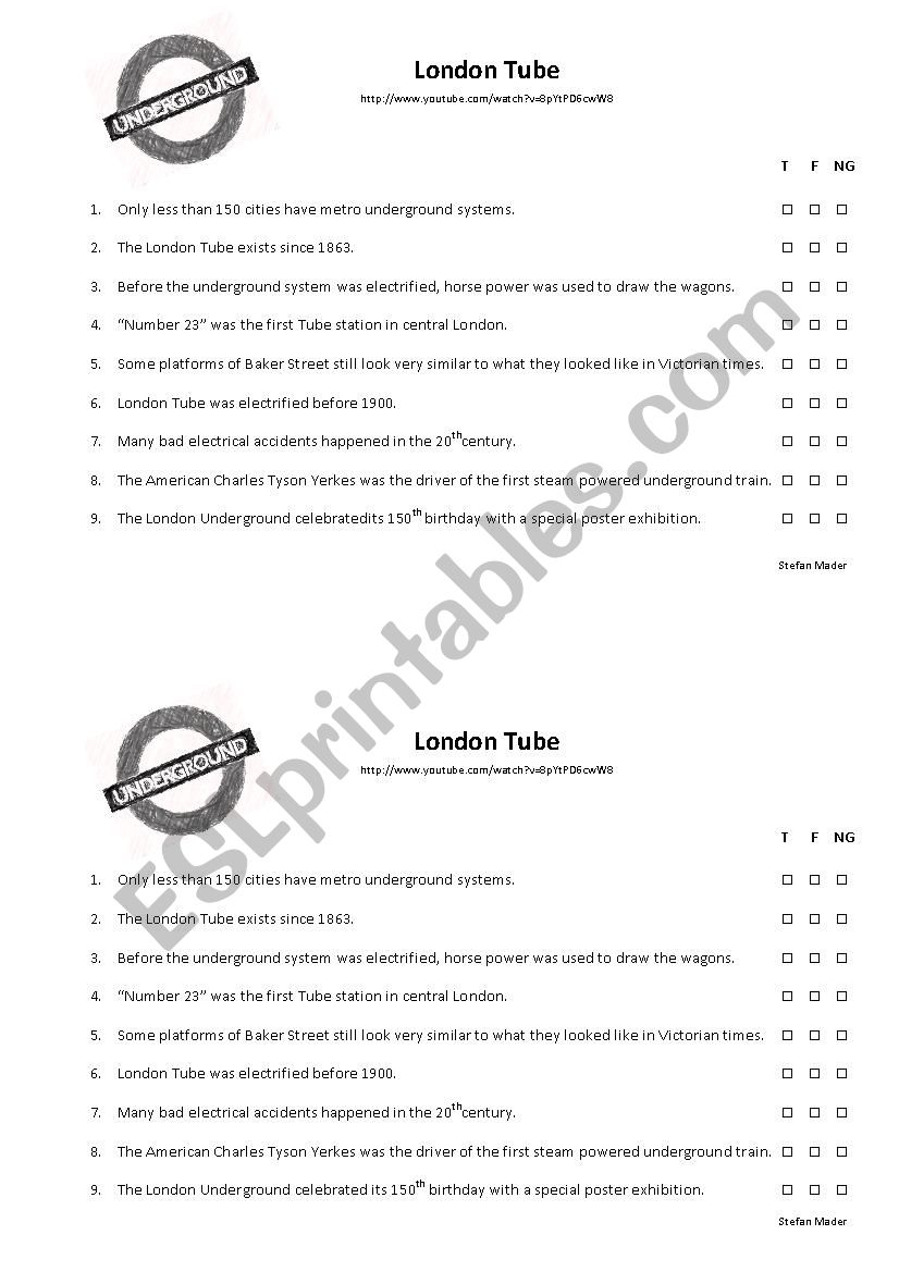 History of the London Tube worksheet