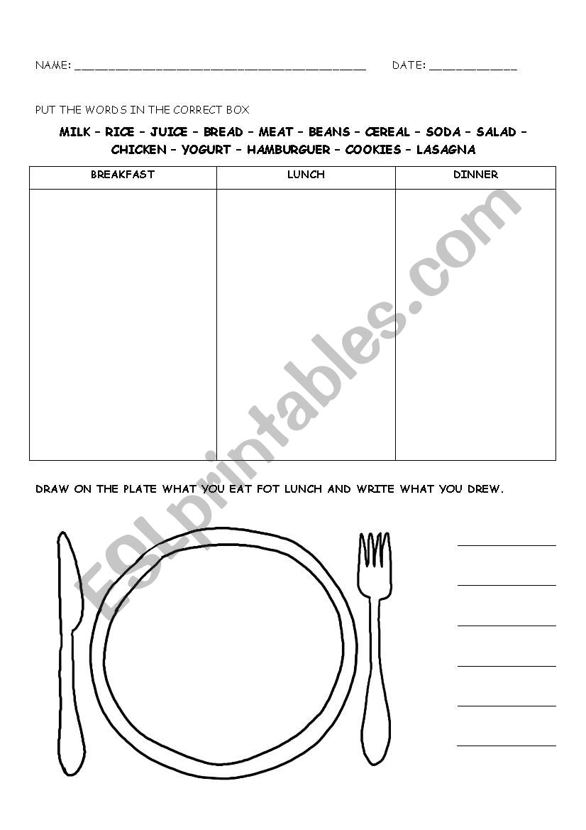 Food activity worksheet