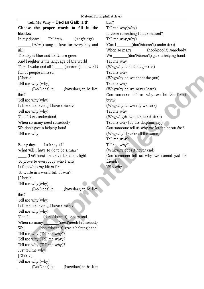 tell me why - ESL worksheet by ben 10