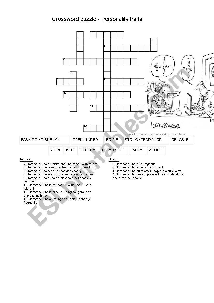 Crossword PErsonality traits worksheet