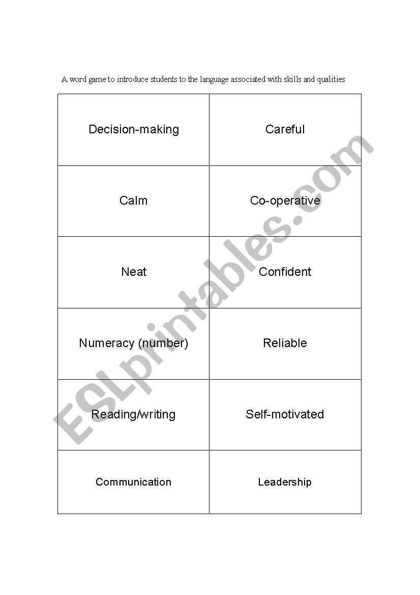 Skillls & Qualities Word Game worksheet