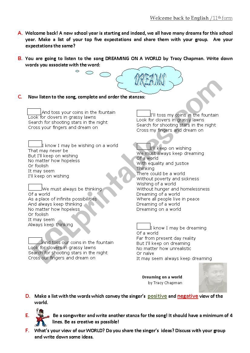 dreamingonaworld-songactivity worksheet