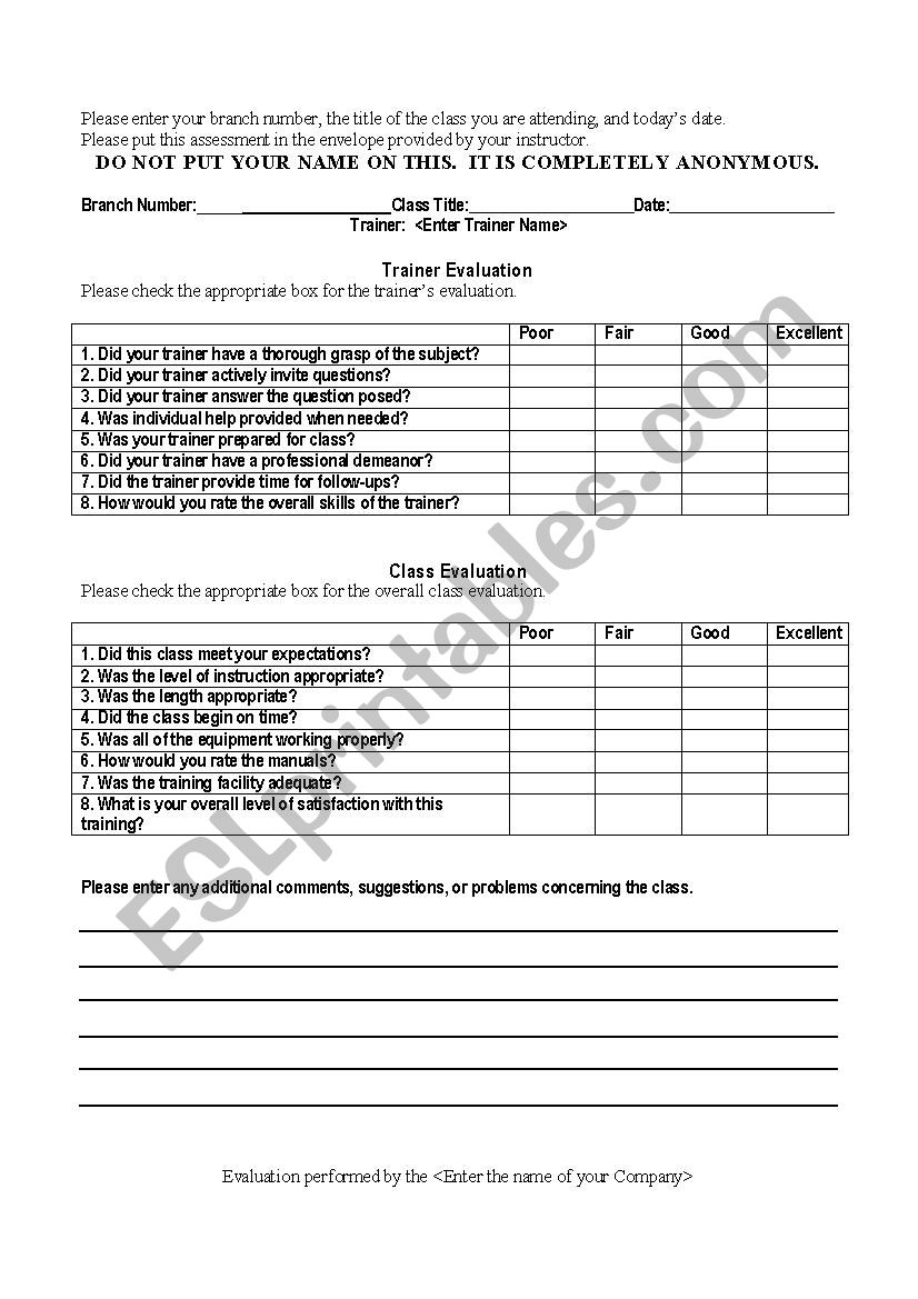 Trainer Evaluation worksheet