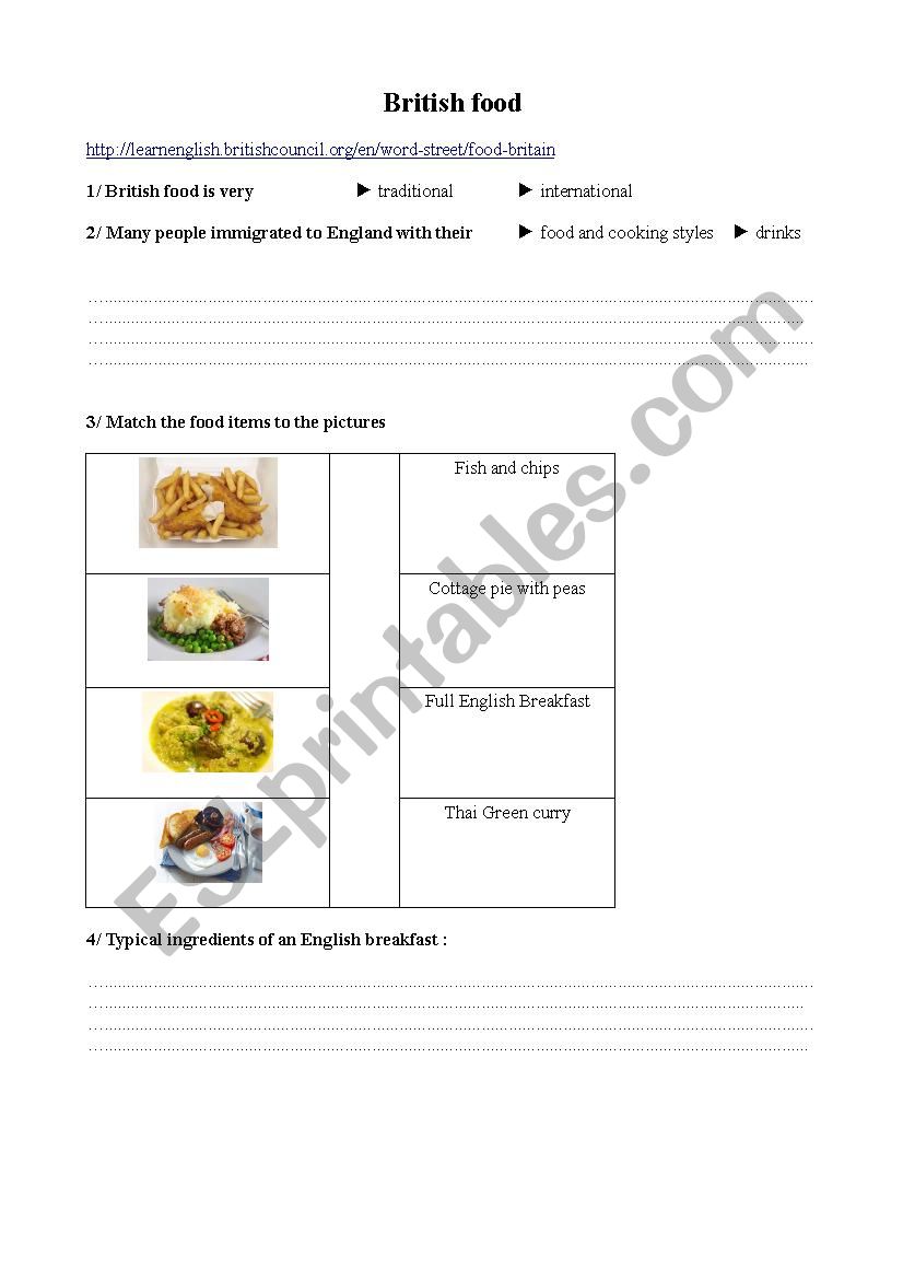 british food worksheet