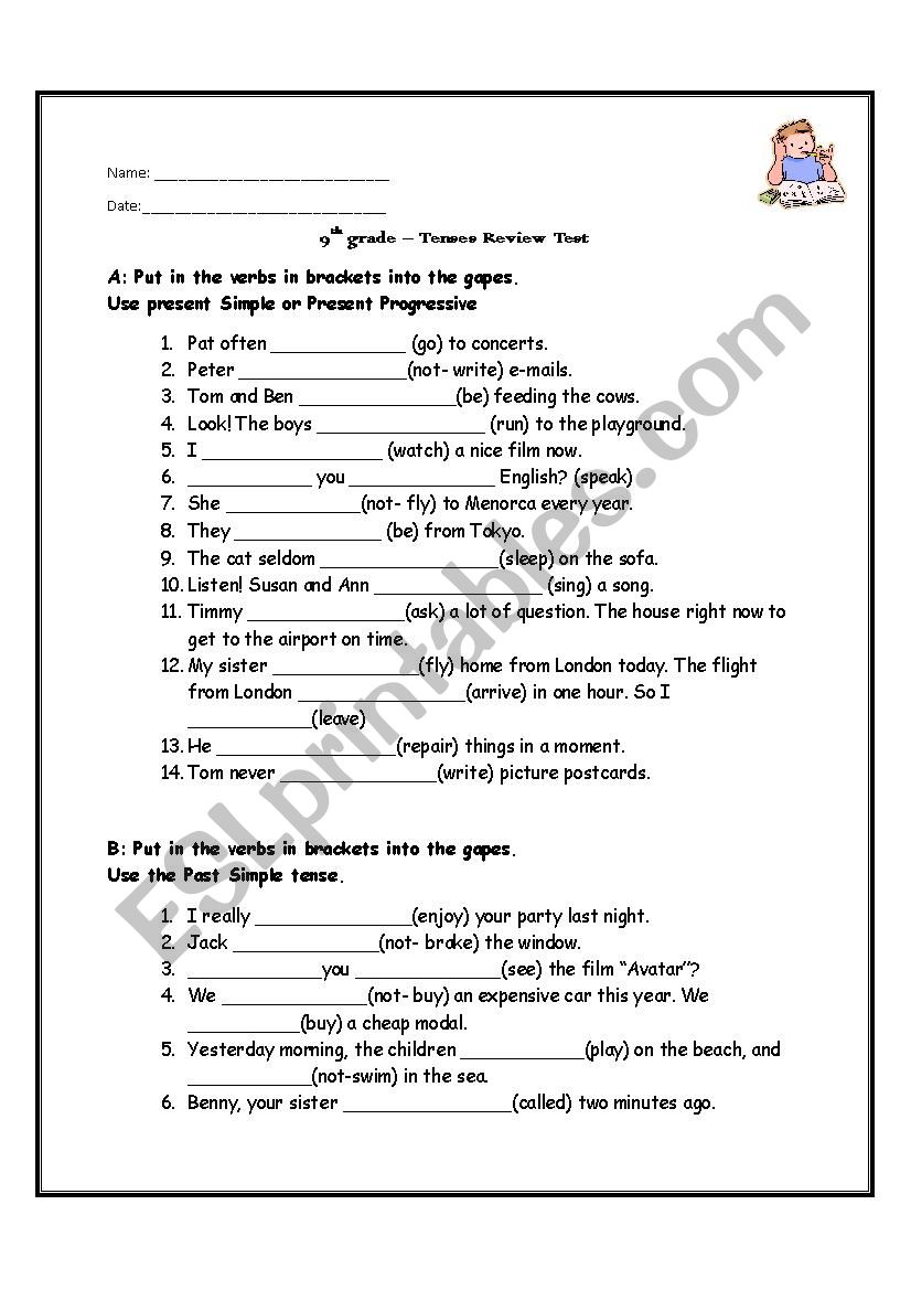 Tenses Review Test worksheet