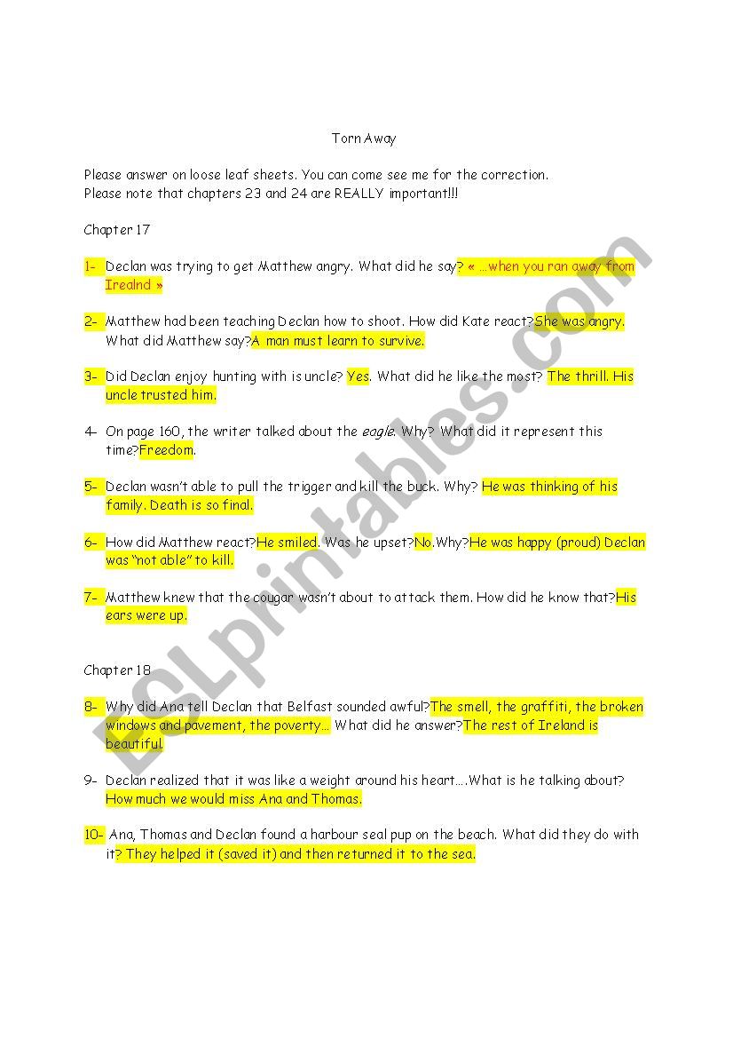 Torn Away Comprehension Questions