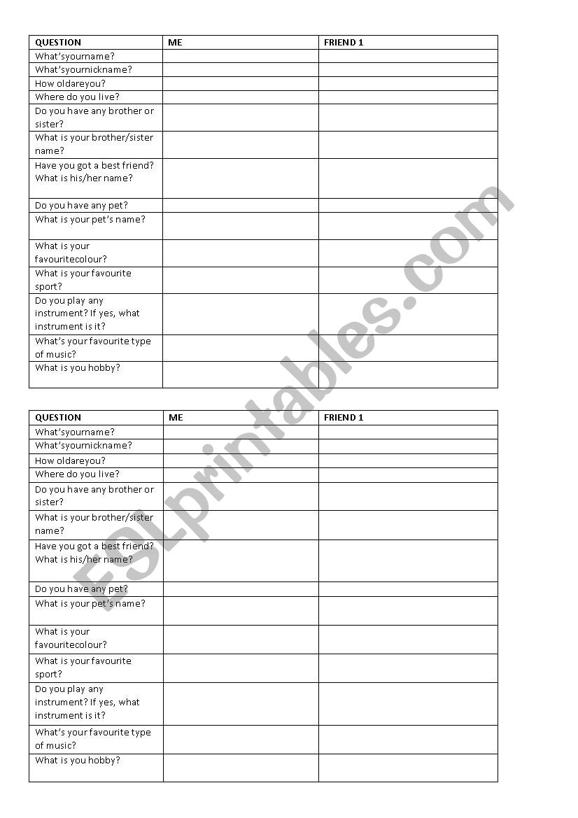 Icebreaking questionnaire for first lesson