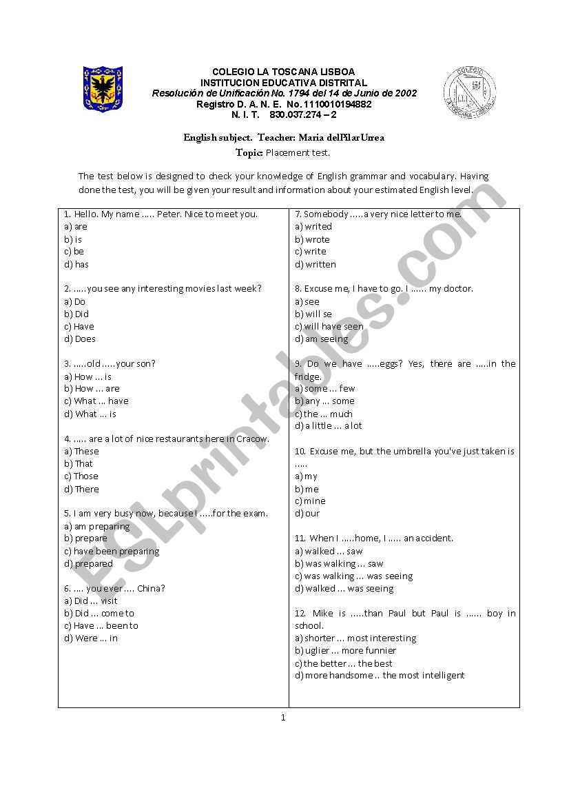 Placement test worksheet