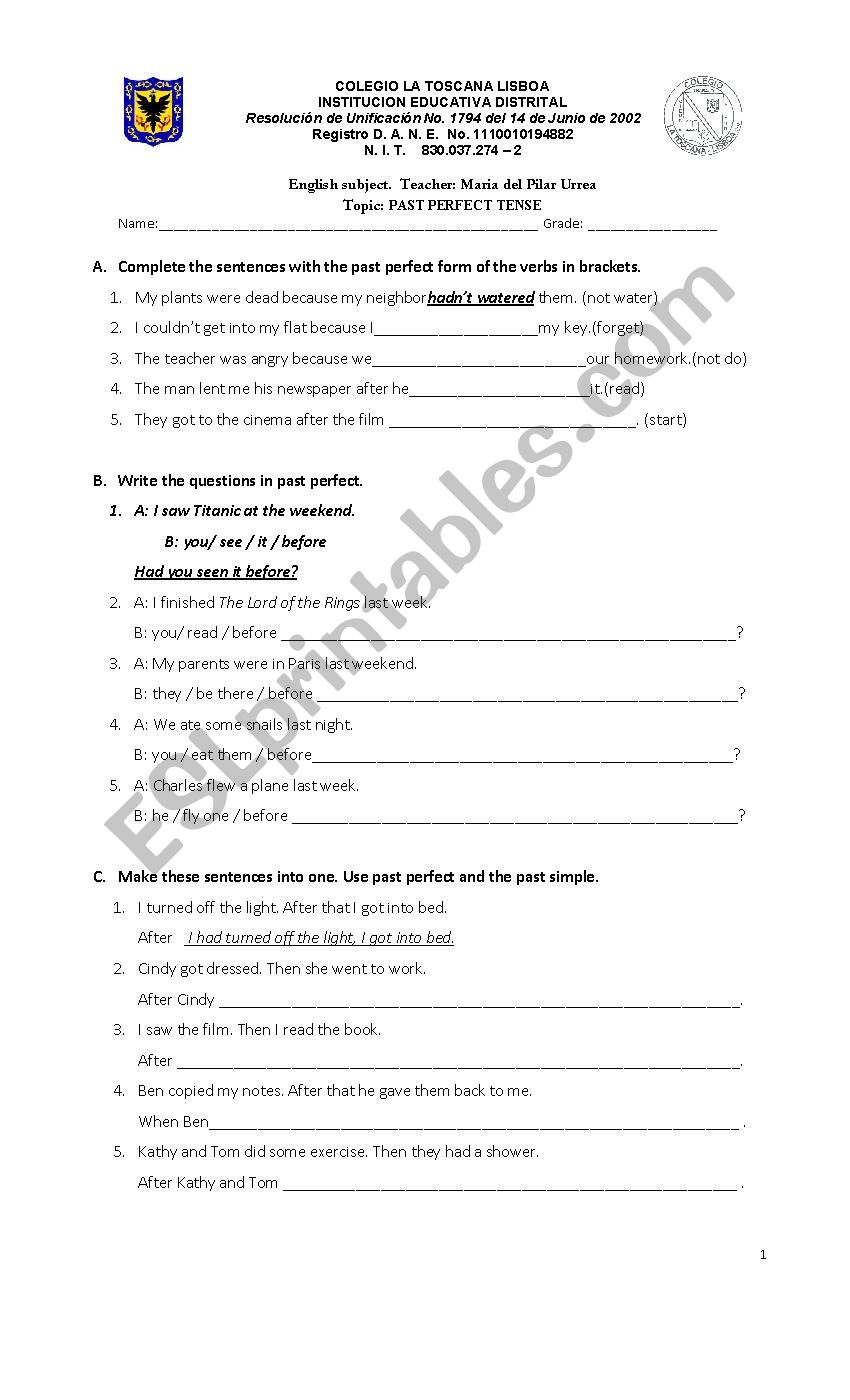 Past perfect exercises worksheet