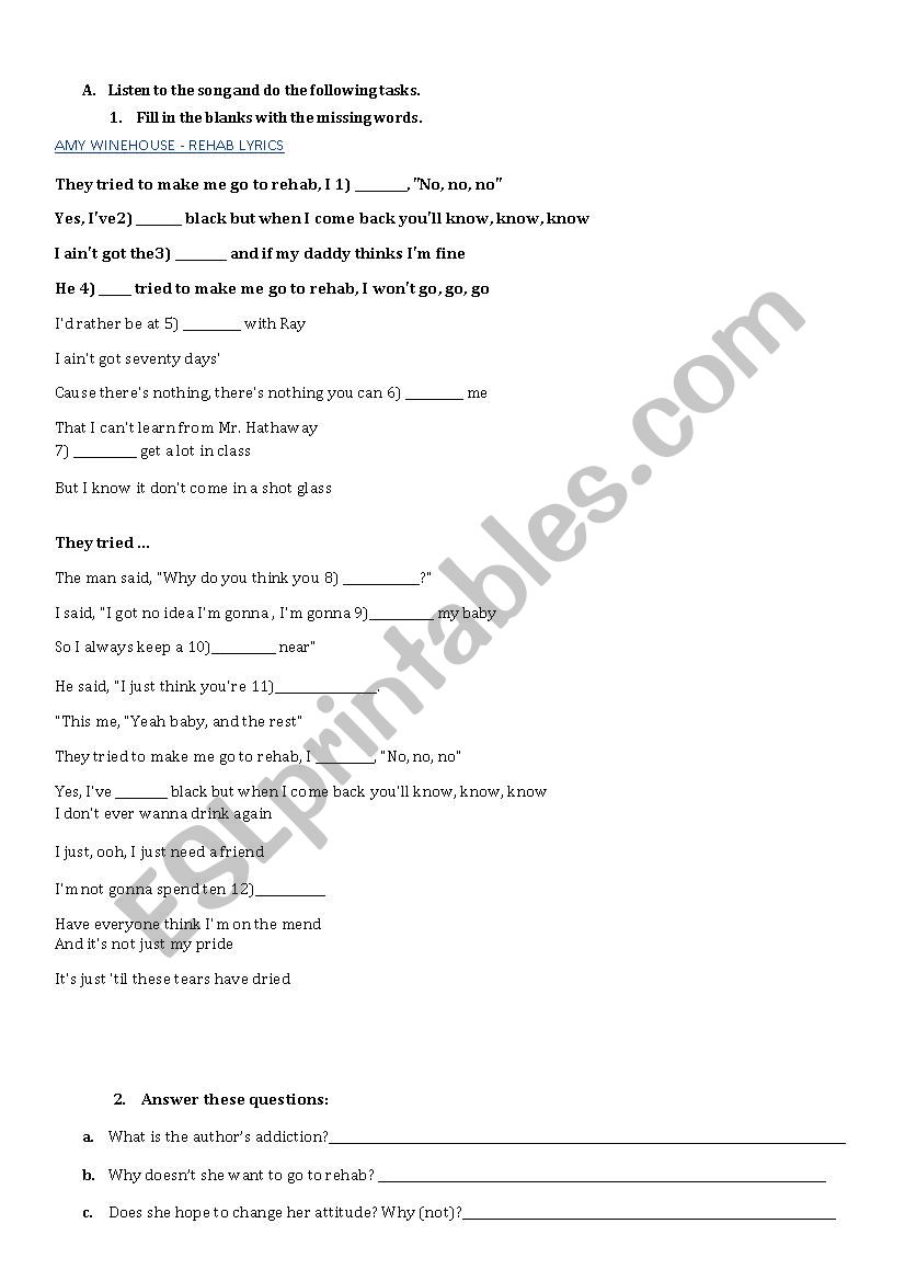 Rehab- Amy Winehouse worksheet