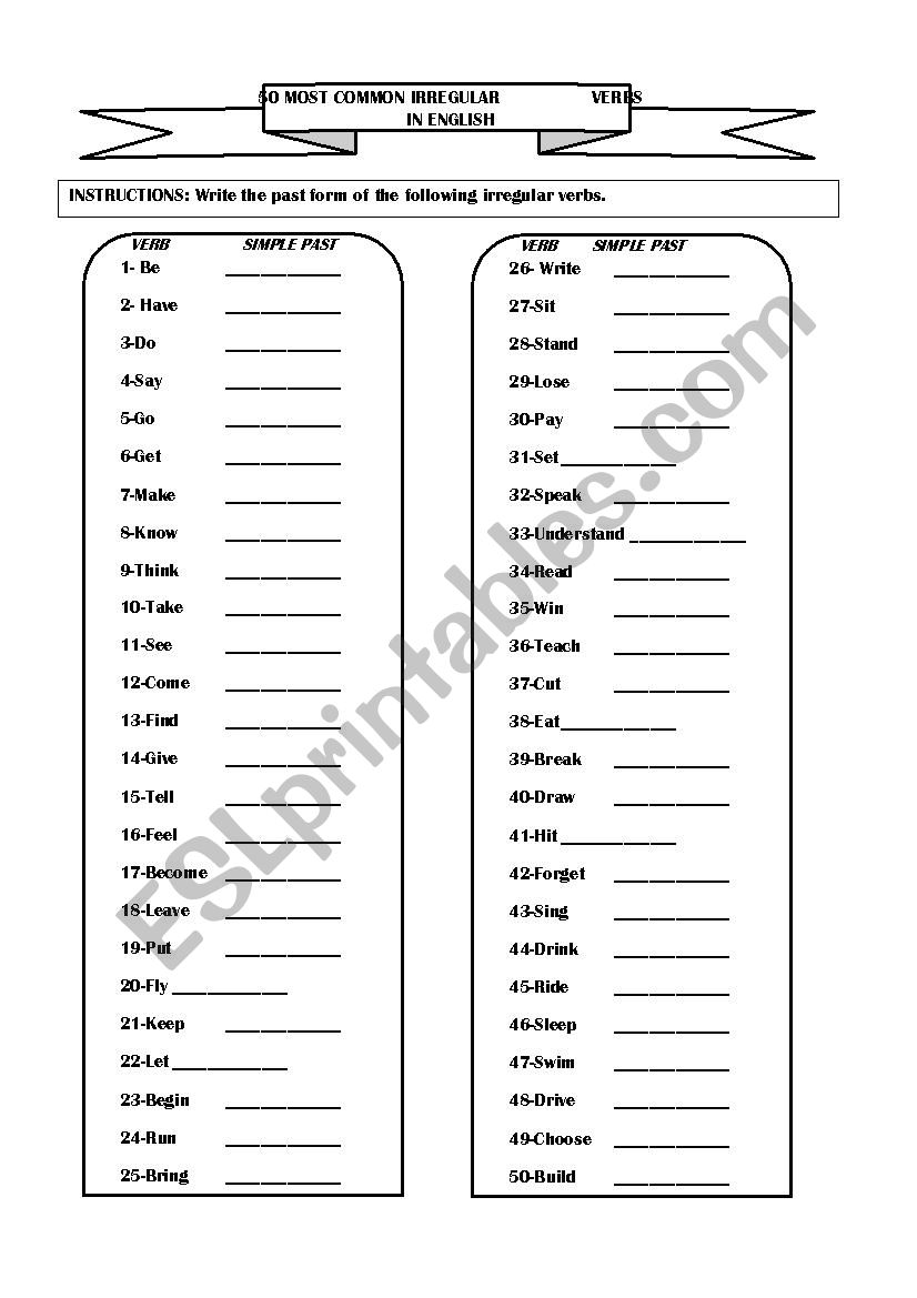 50 Most Common Irregular Verbs in English