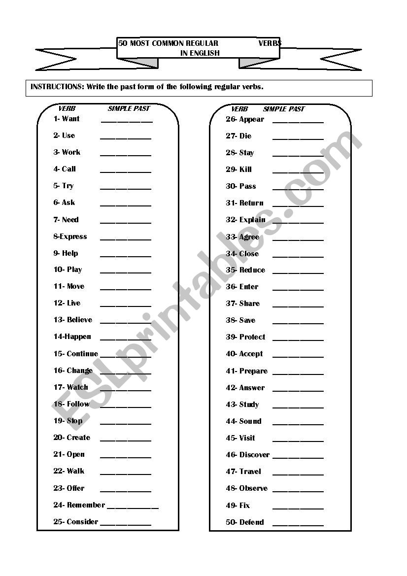 50 Most Common Regular Verbs in English