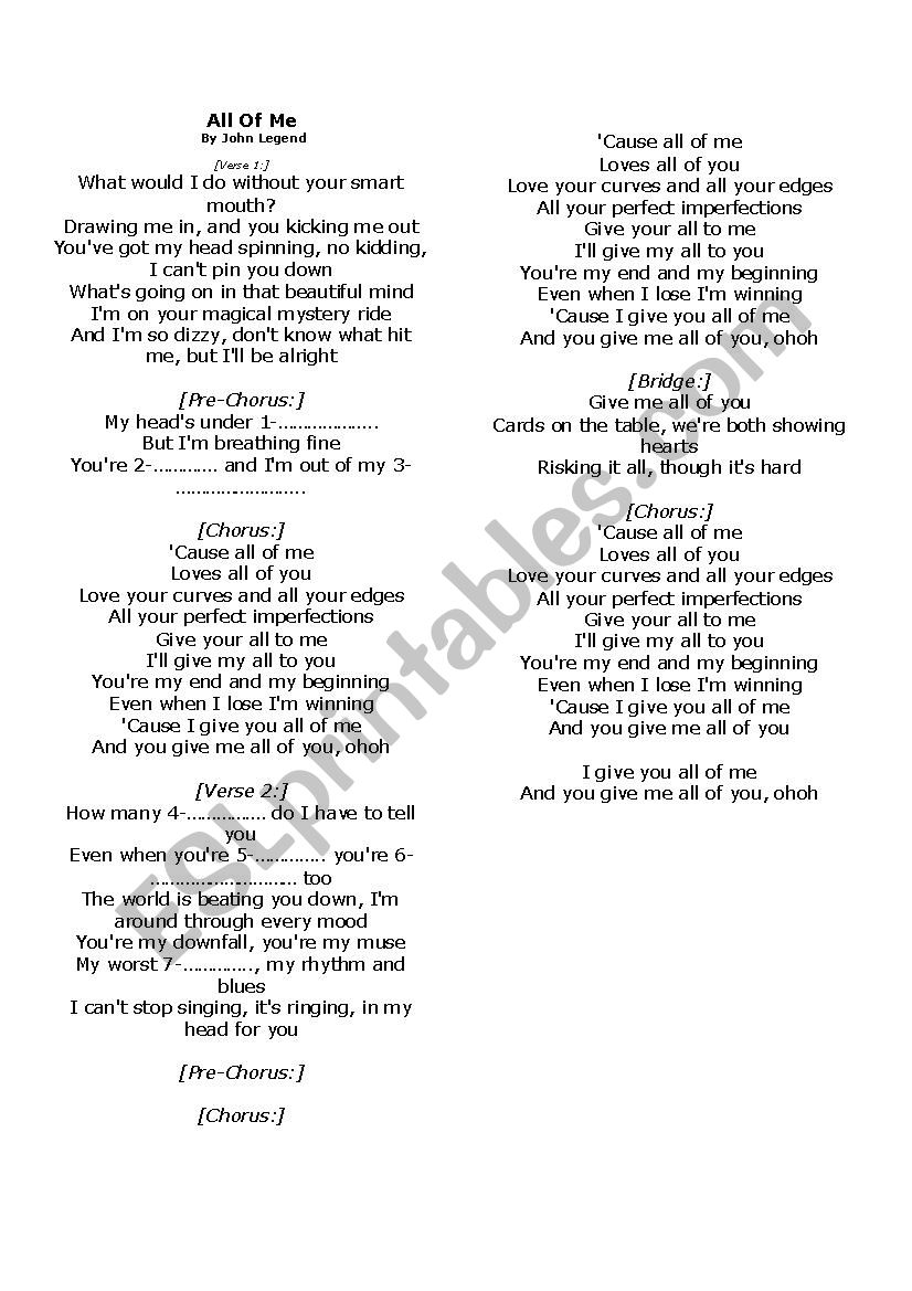 all of me by John legend worksheet