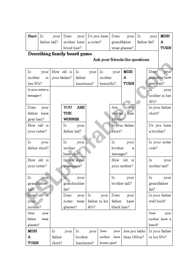 describing family board game worksheet