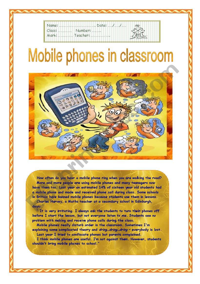 Mobile phones in classroom? worksheet