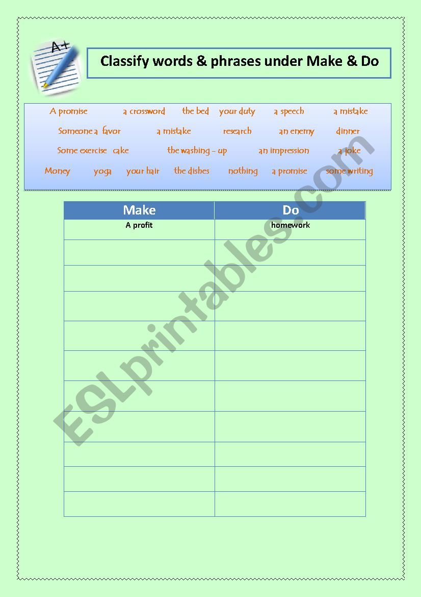 Make and Do collocations worksheet