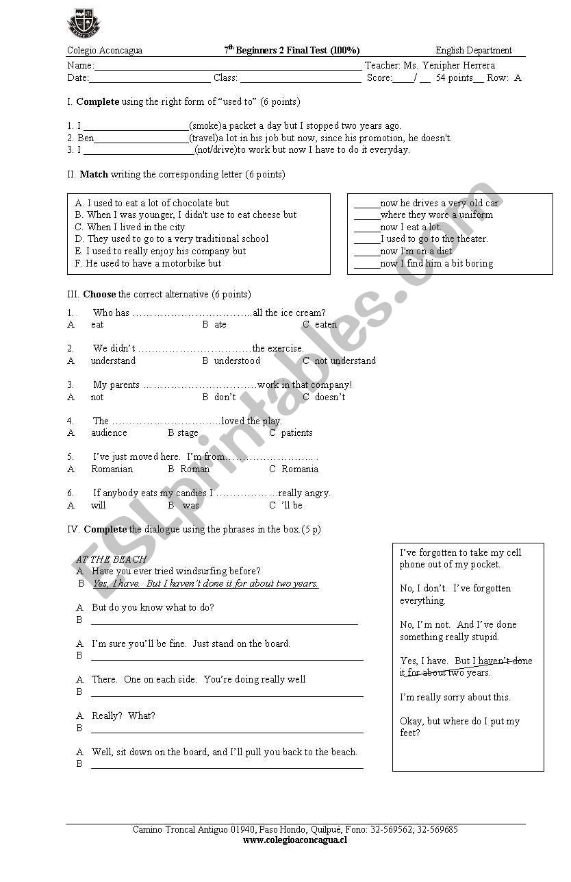 Test grammar structures and vocabulary