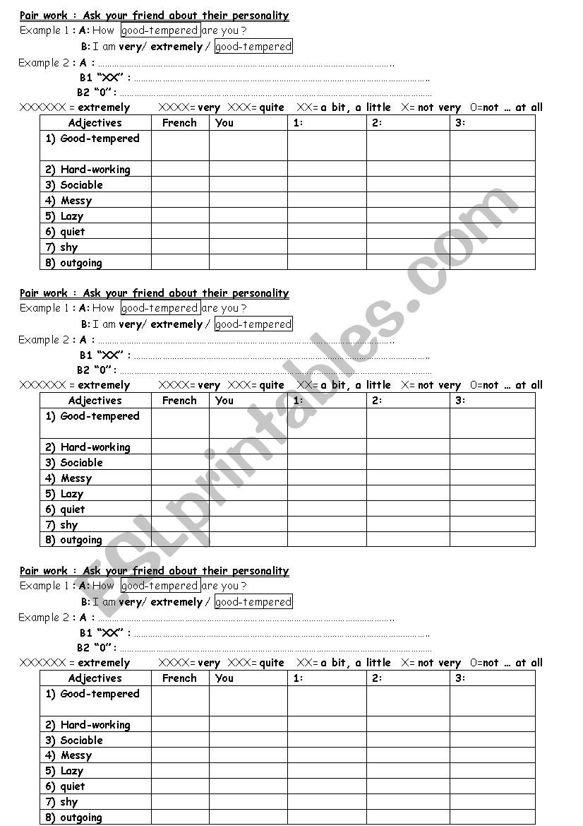 Pair work personality worksheet