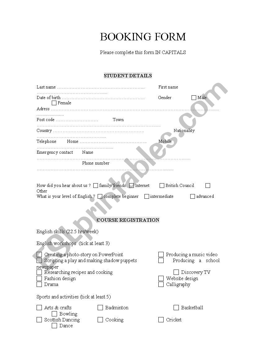 Booking Form worksheet