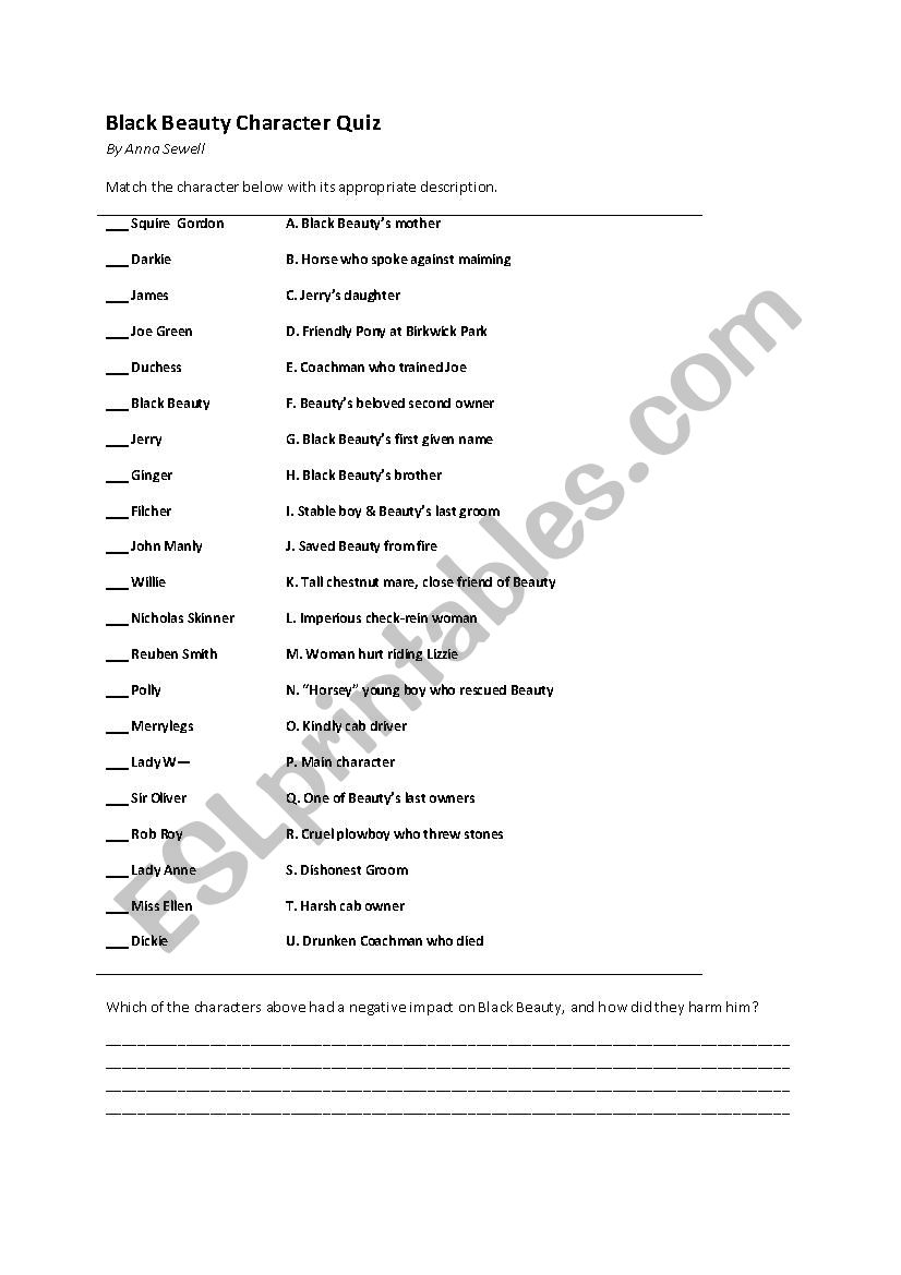 Black Beauty Character Test worksheet