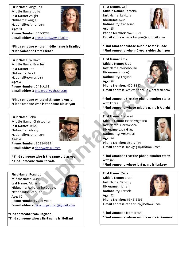 Artists Information Cards - Find someone who...