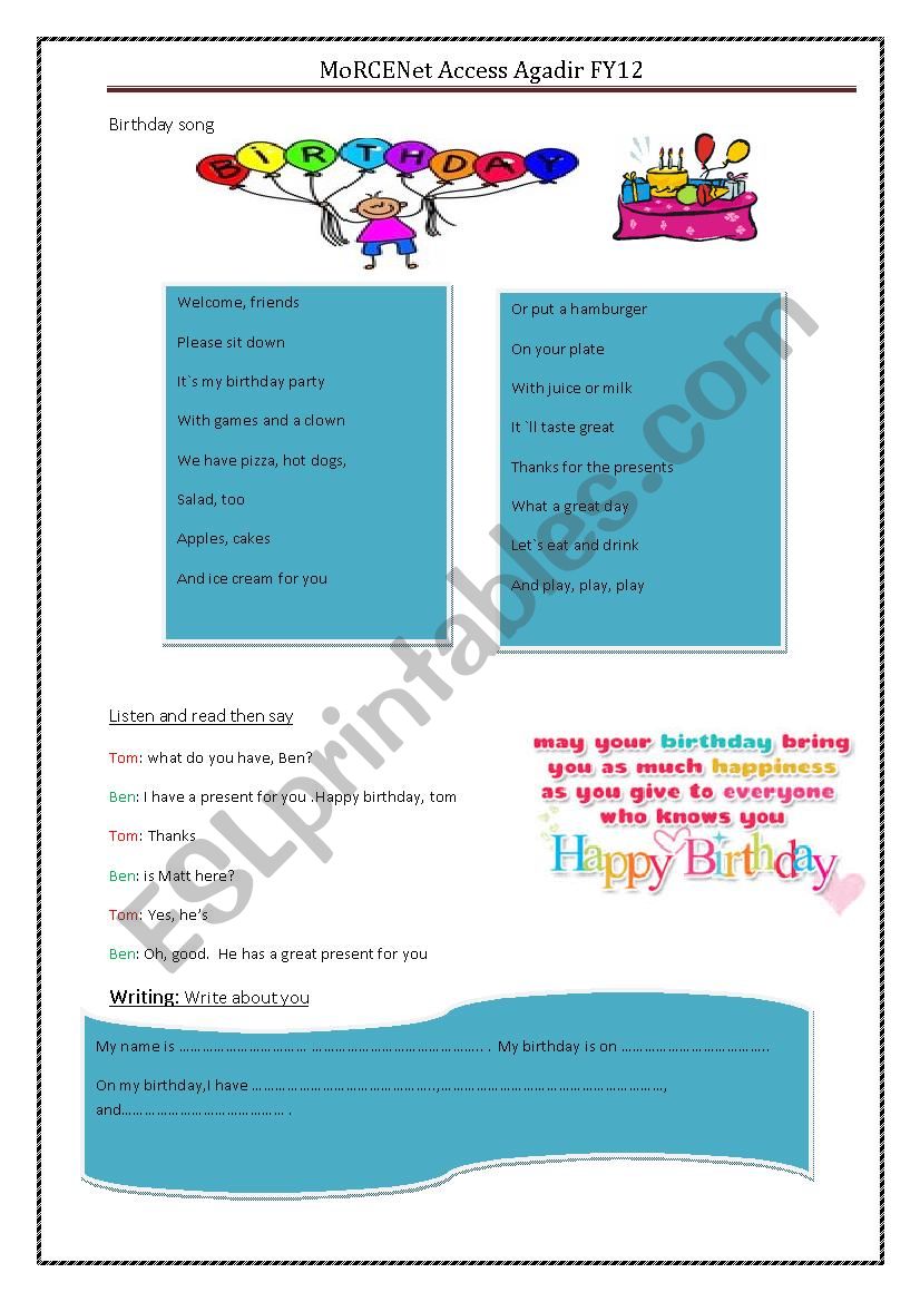 Birthday Party : song worksheet