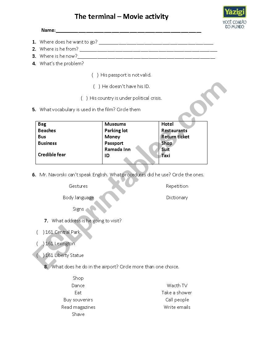 THE TERMINAL MOVIE worksheet