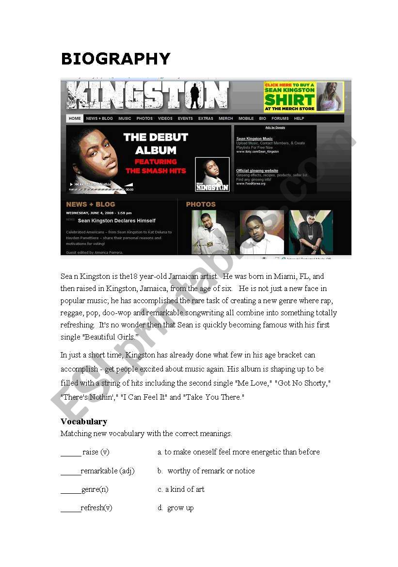 Biography:Sean Kingston worksheet