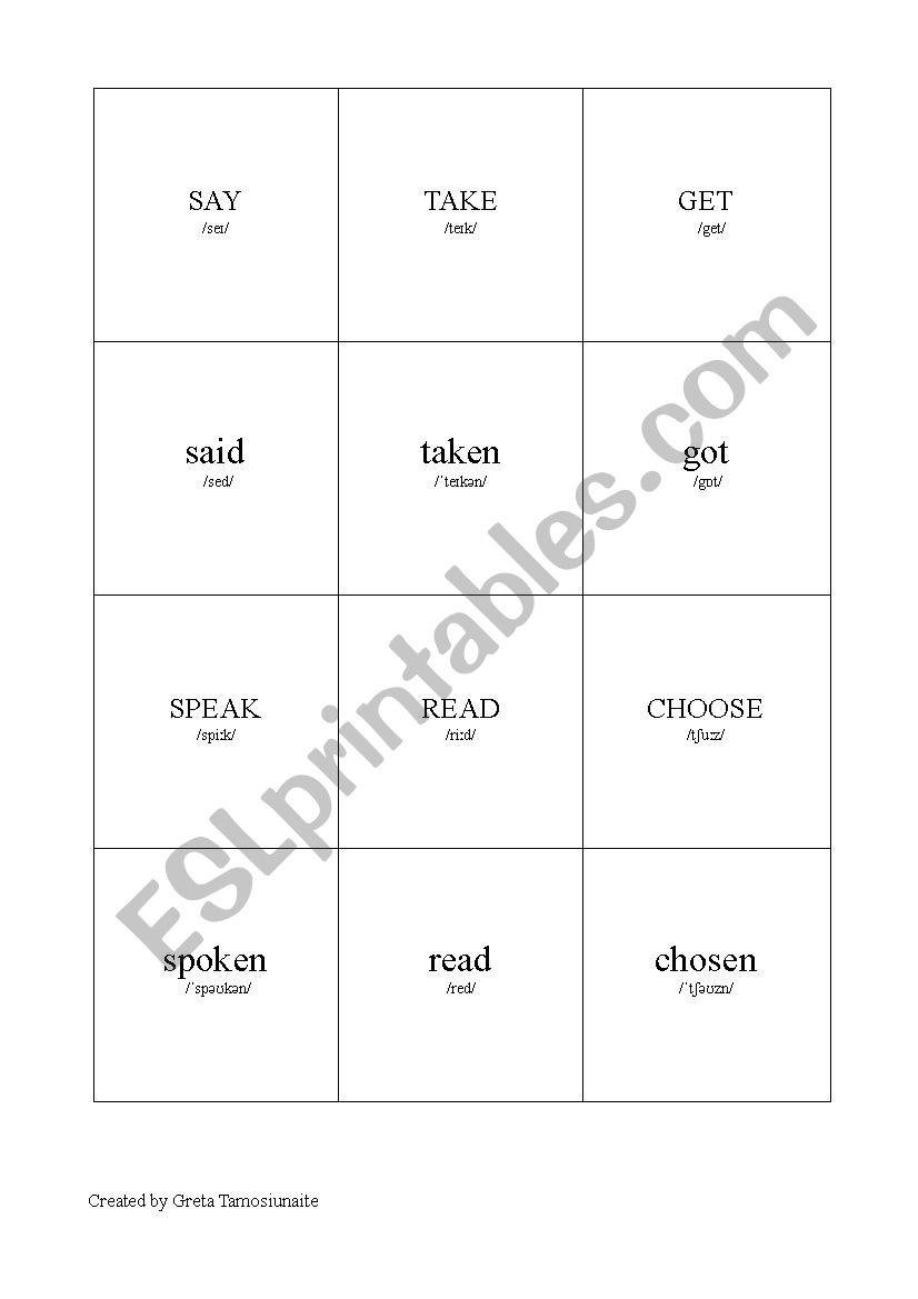 Past Participle memory game worksheet
