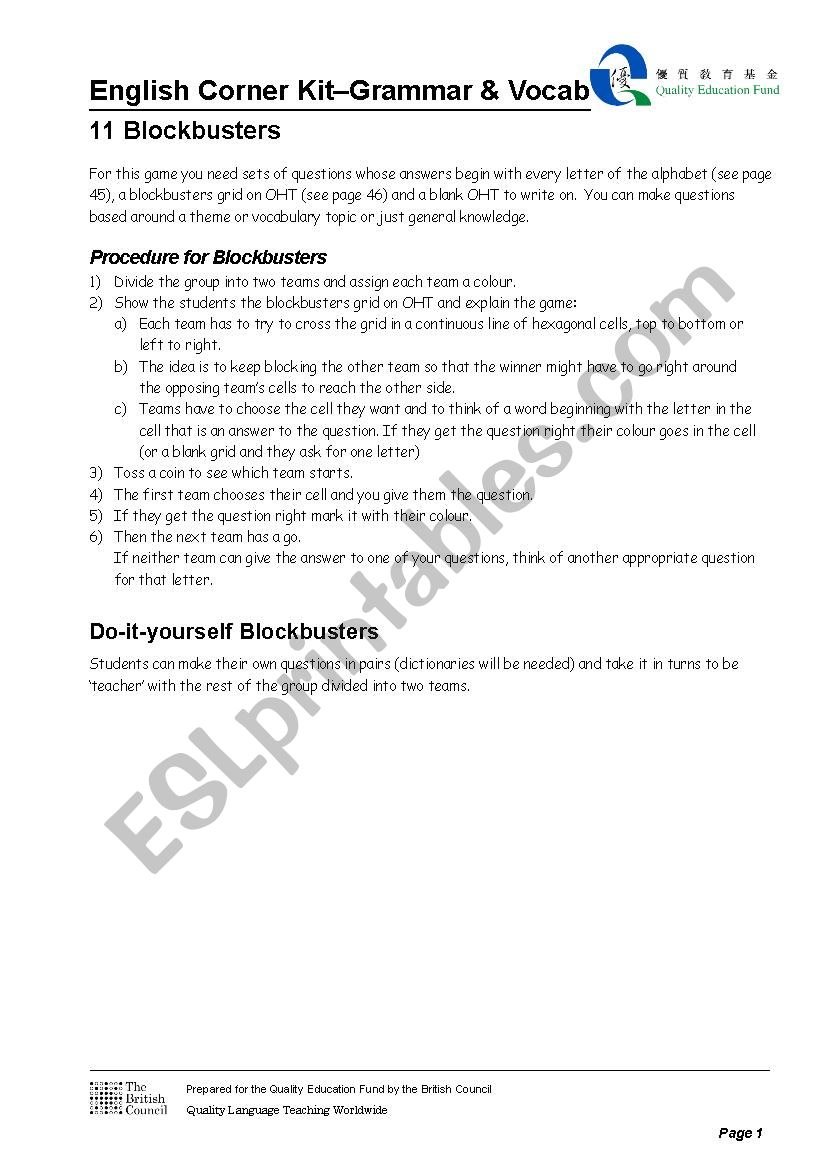 Blockbusters worksheet