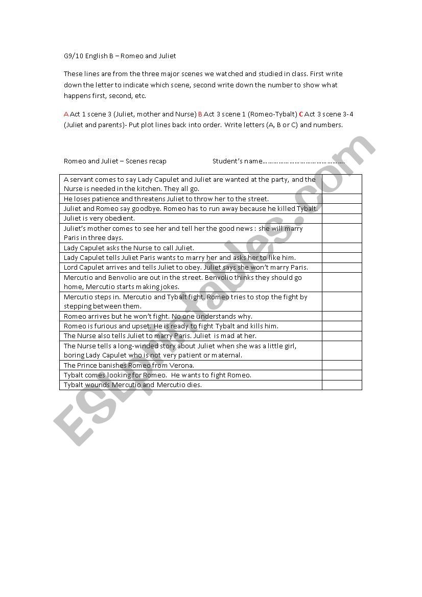 Rpmeo anf Juliet Recap worksheet