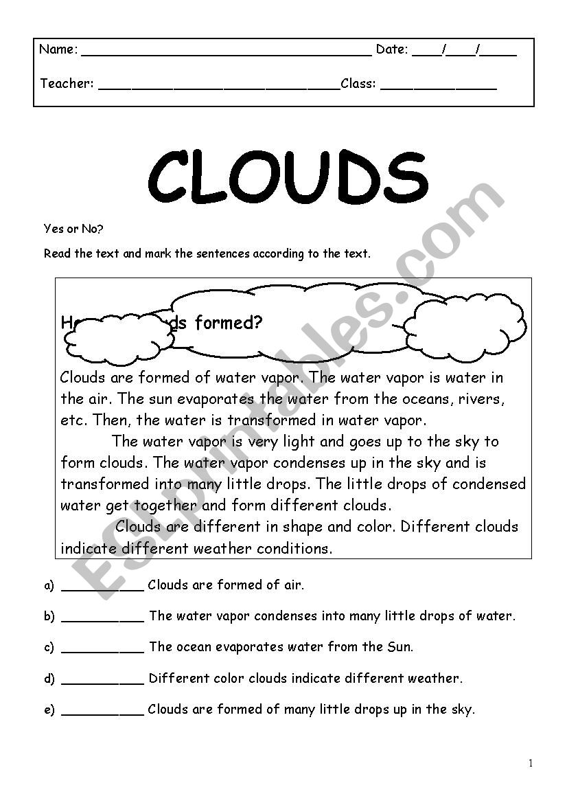 Clouds worksheet