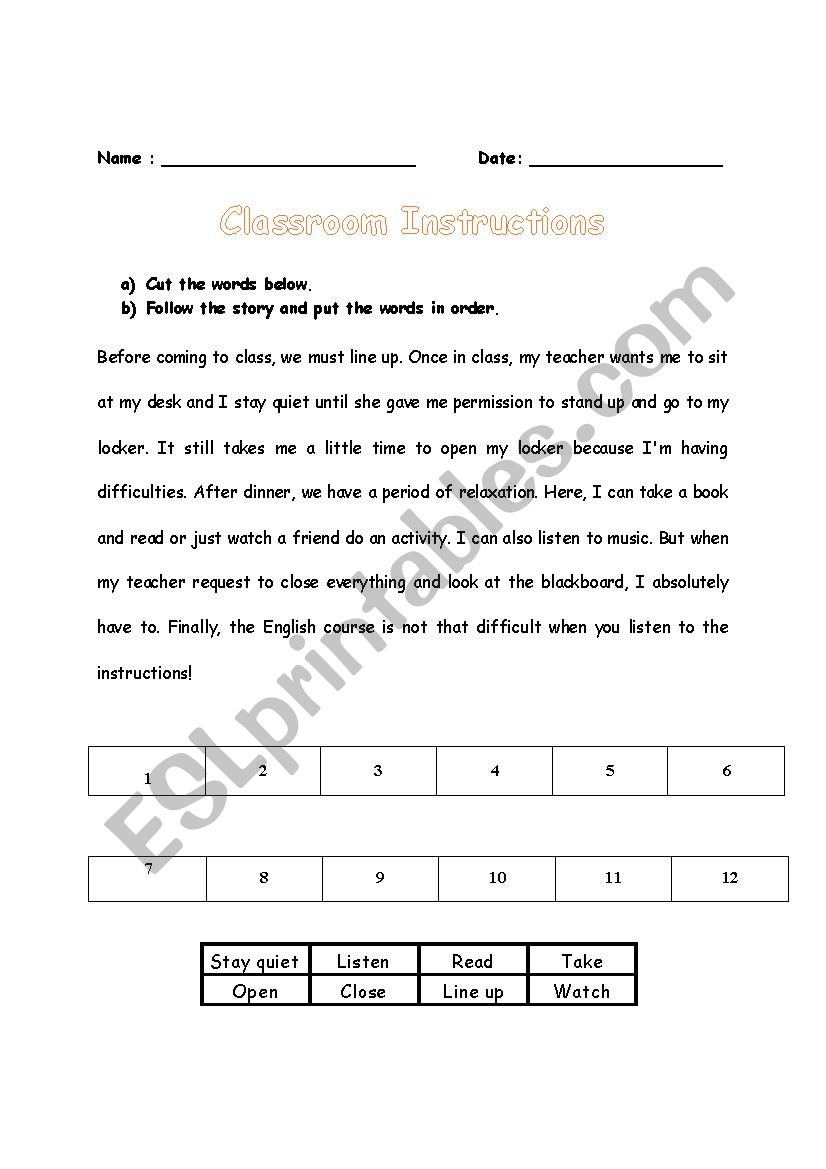 Classroom Instructions 1 worksheet