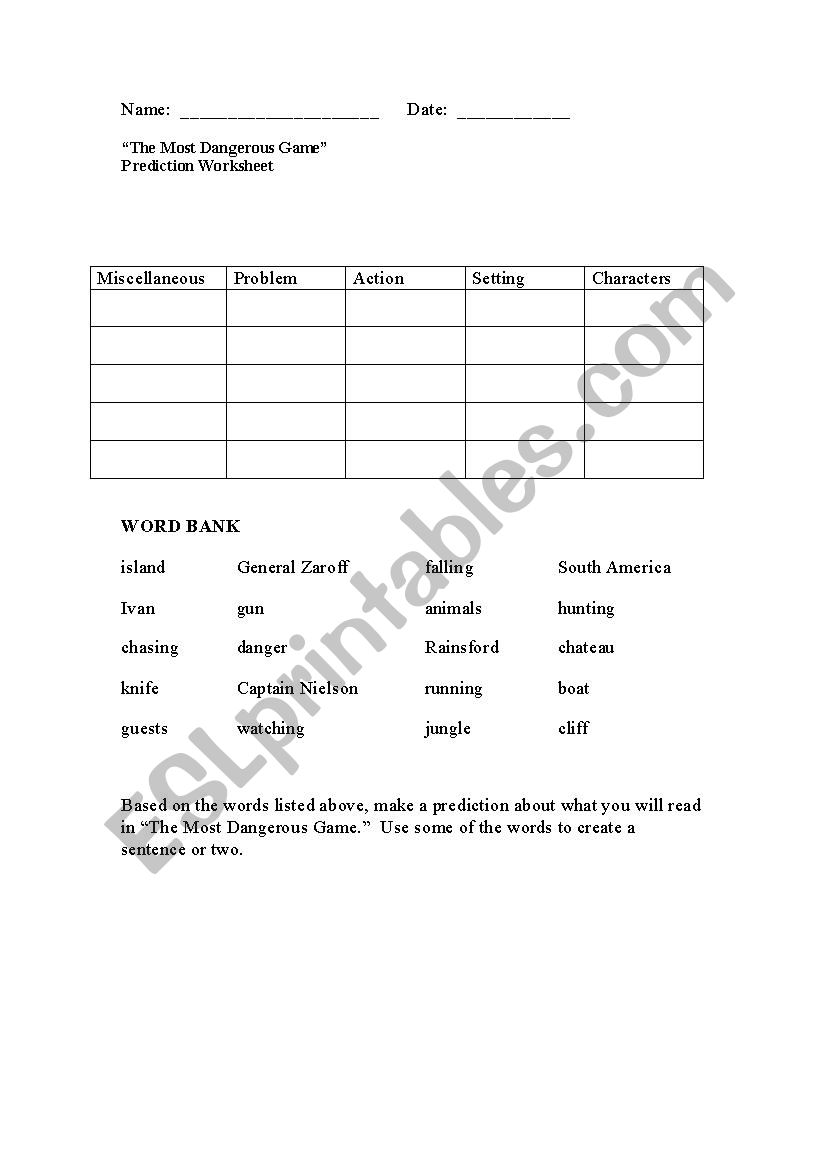 Most Dangerous Game - prediction worksheet