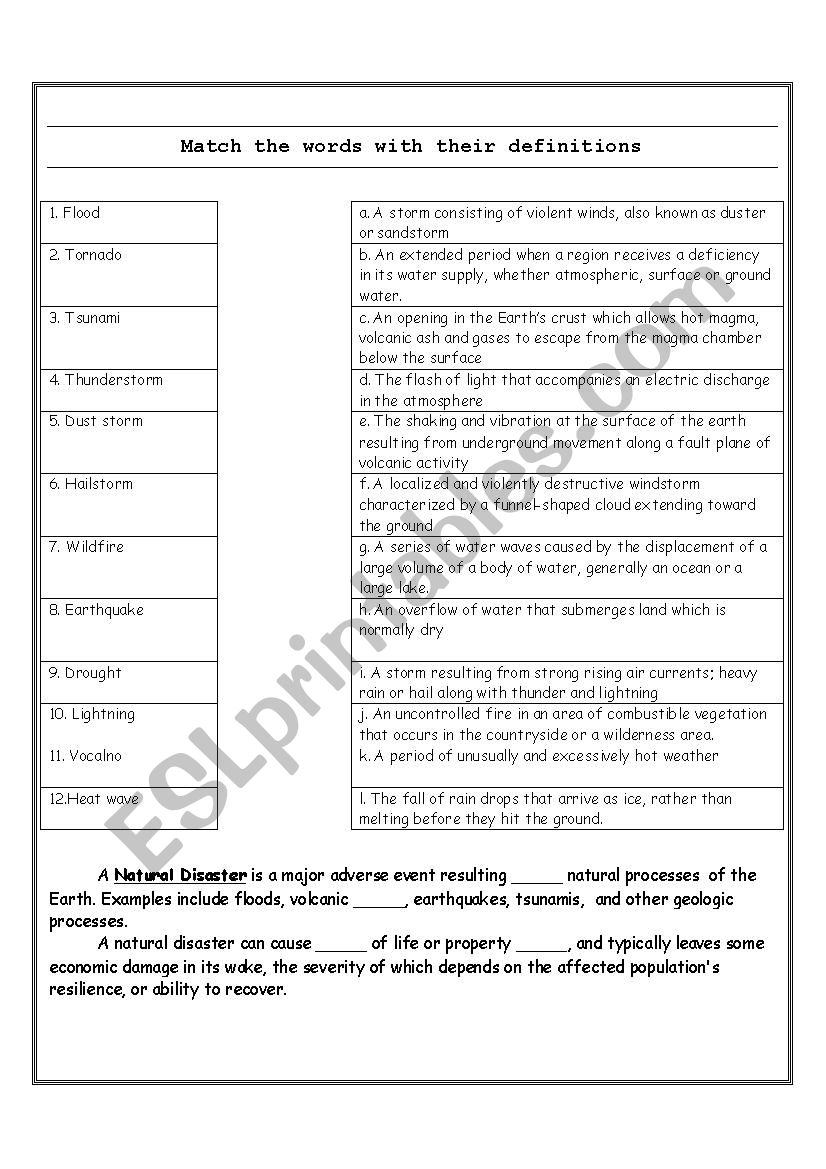 Matching: Natural Disaster worksheet