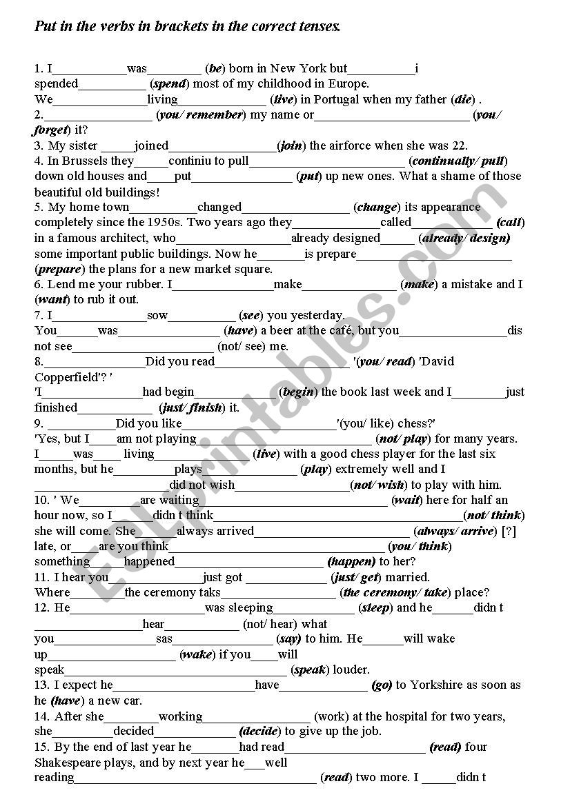 Worksheet On Tenses For Class 7