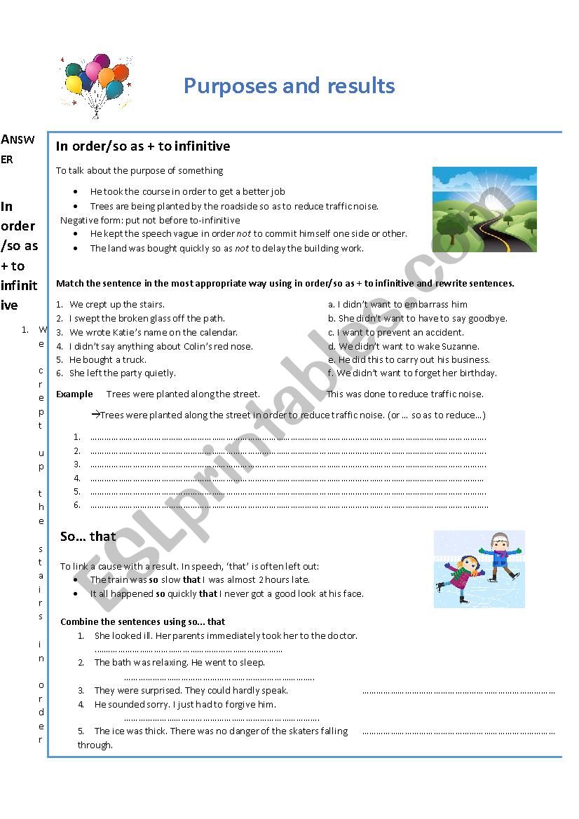Purposes and results worksheet