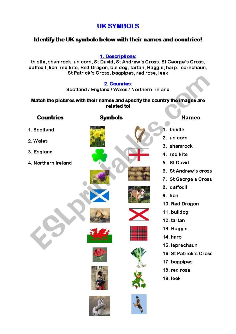 UK Symbols worksheet