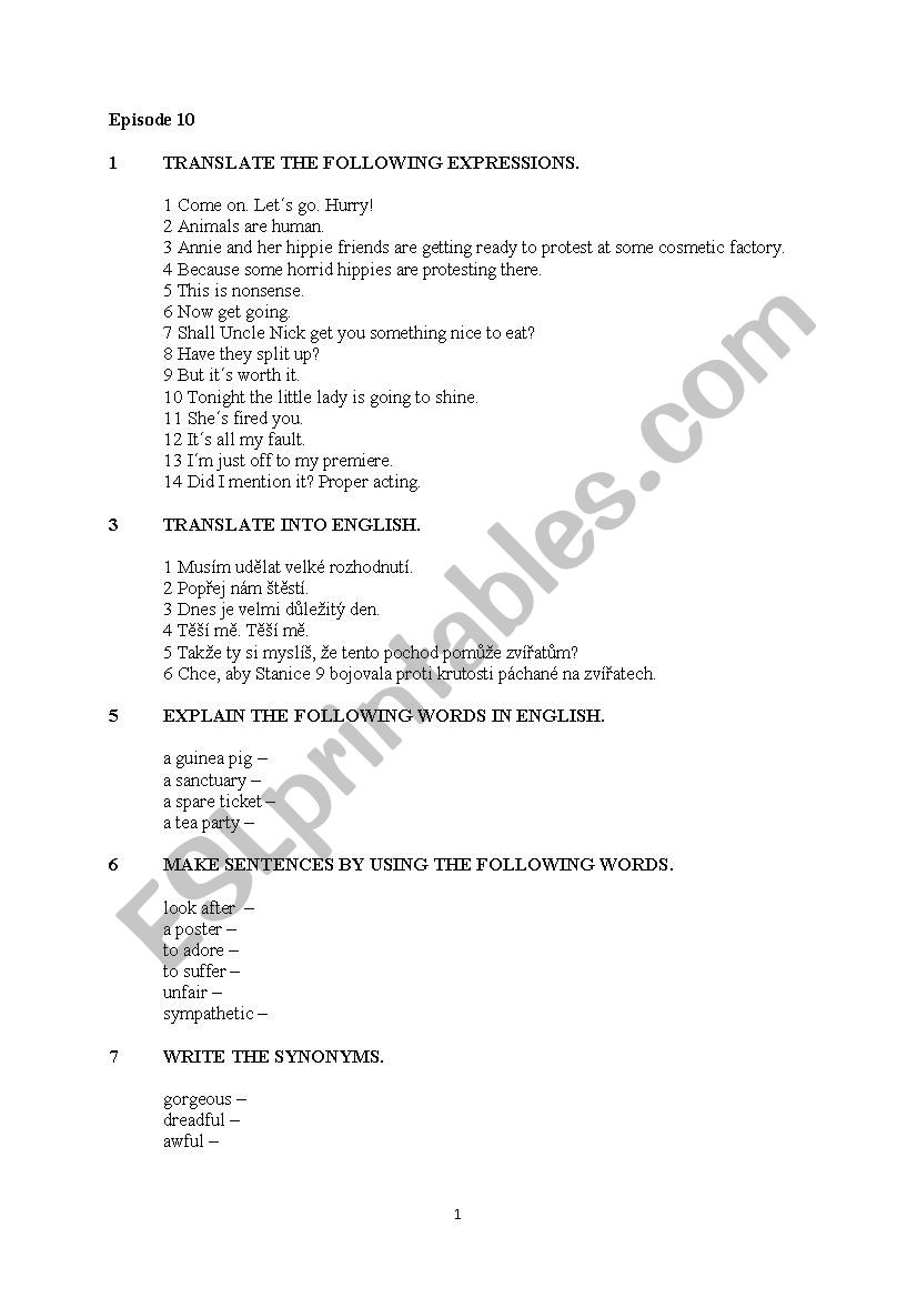 Extra in English part 10 worksheet