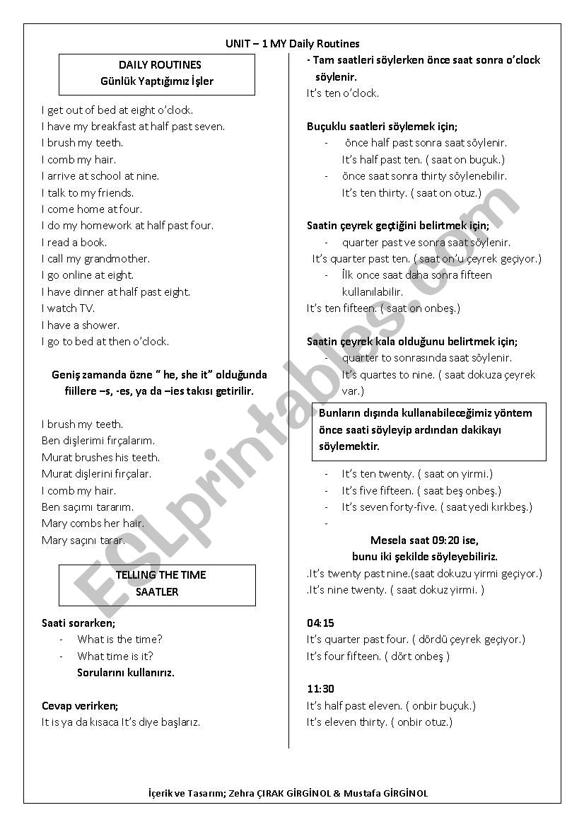 daily routines worksheet