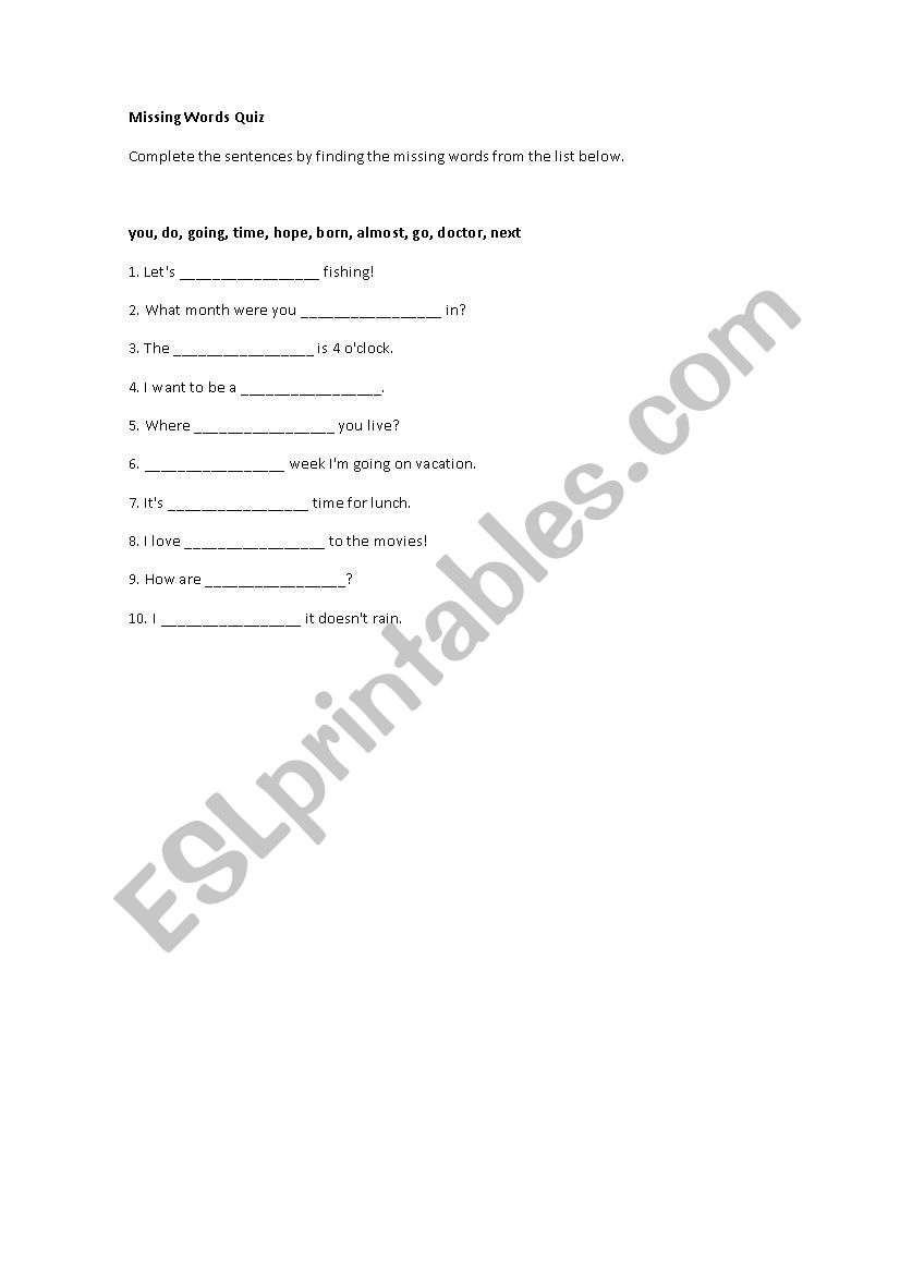 Find Missing Word worksheet
