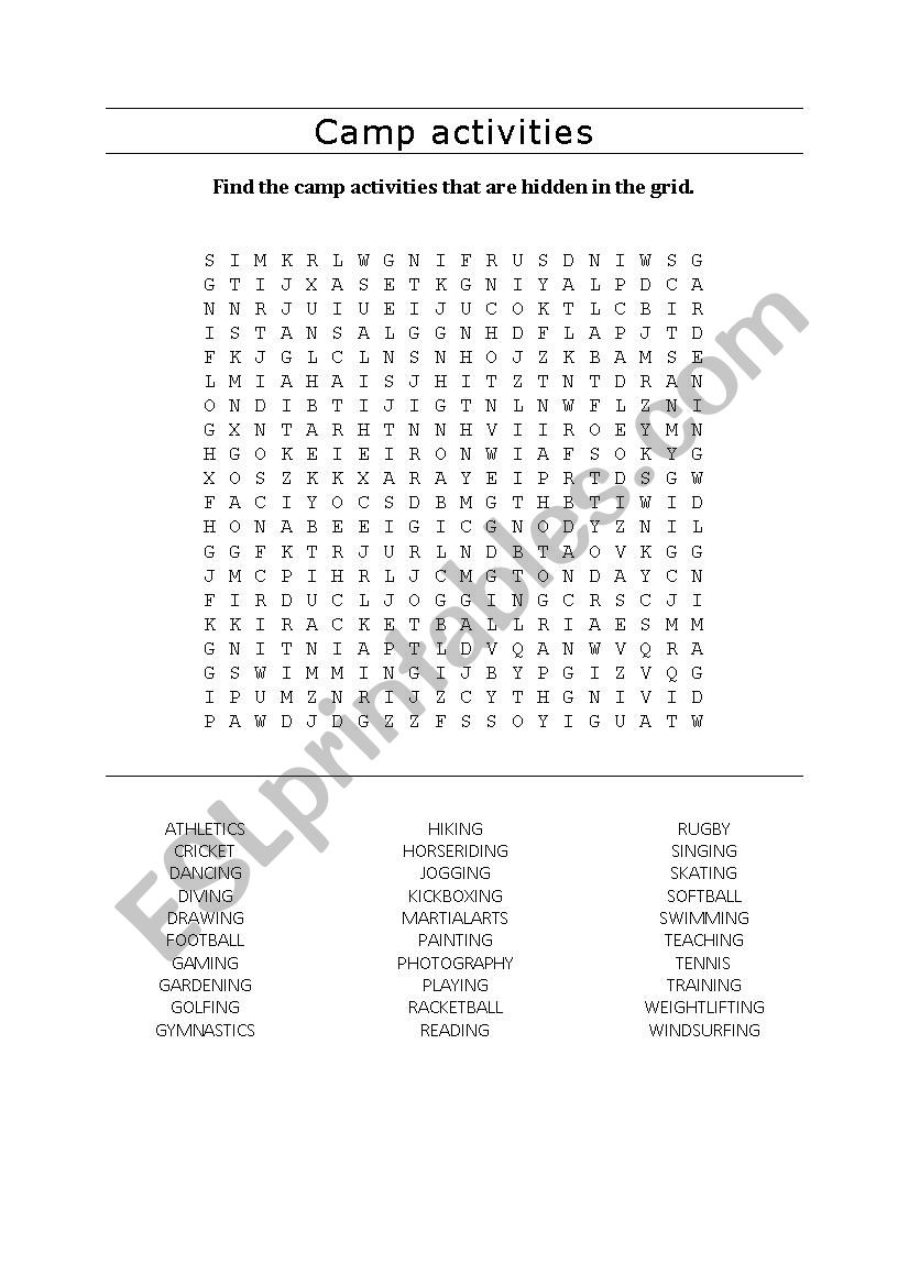 Camp activities puzzle worksheet