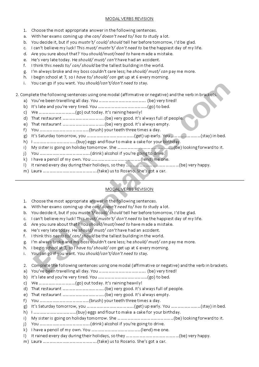 Modal Verbs Revision worksheet
