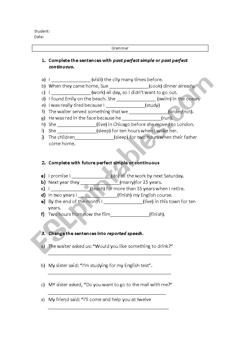 Past/Future Perfect and Reported Speech