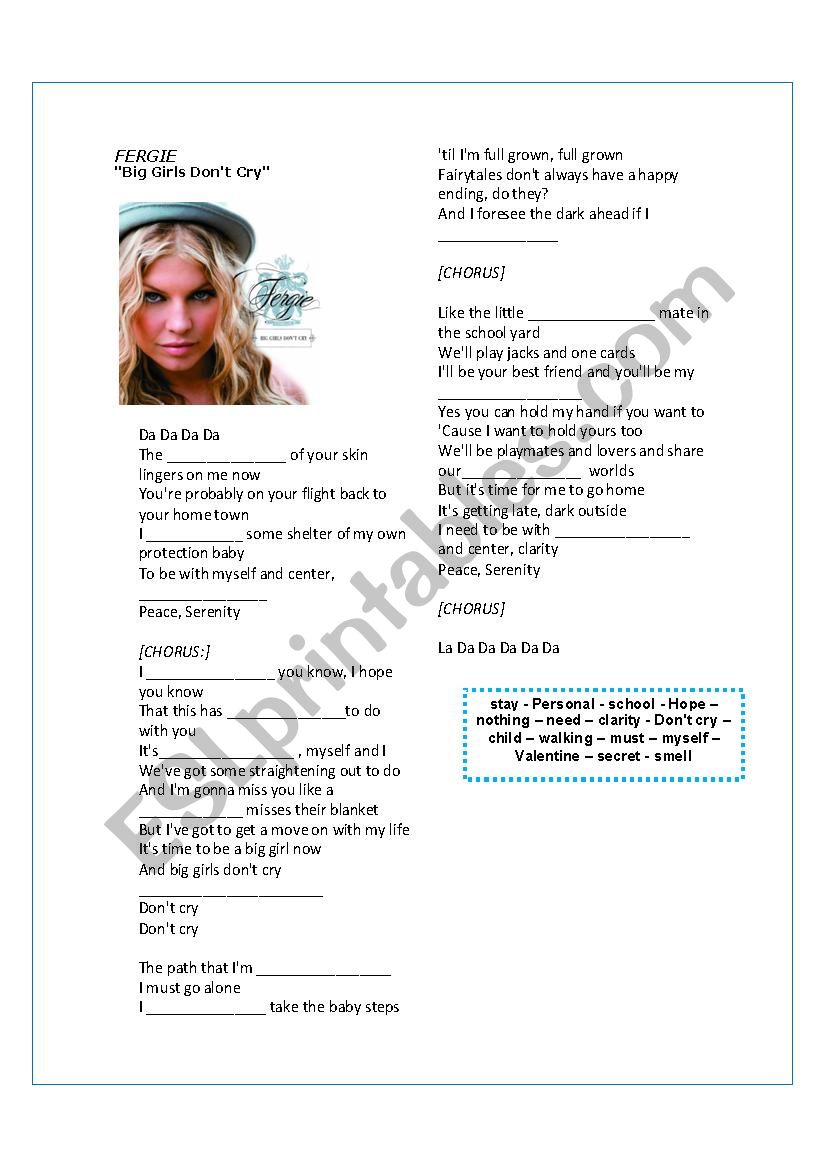 Fergie Big Girls Don T Cry Esl Worksheet By Expertosenidiomas