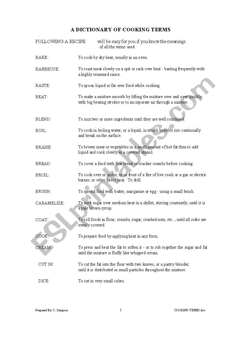 Dictionary of Cooking Terms worksheet