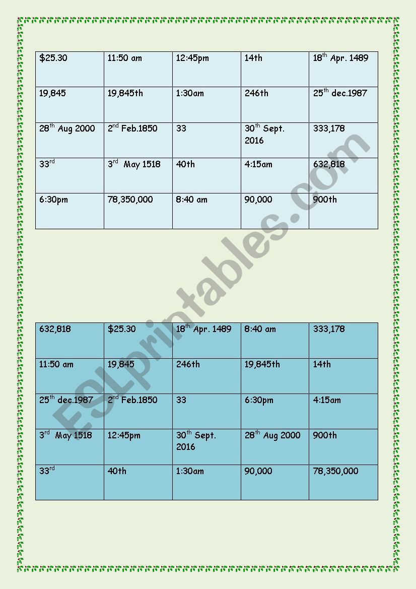 Bingo : numbers, date, and time