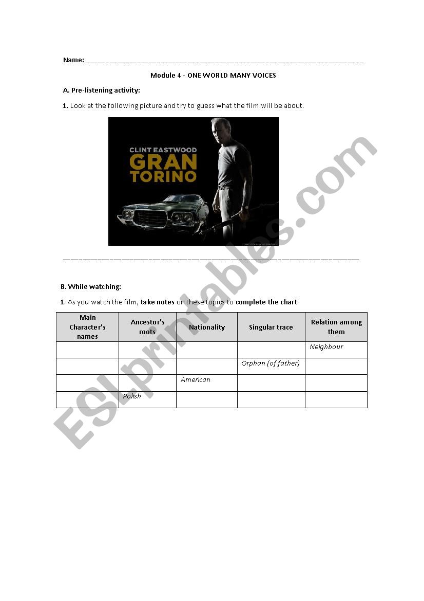 Gran Torino worksheet