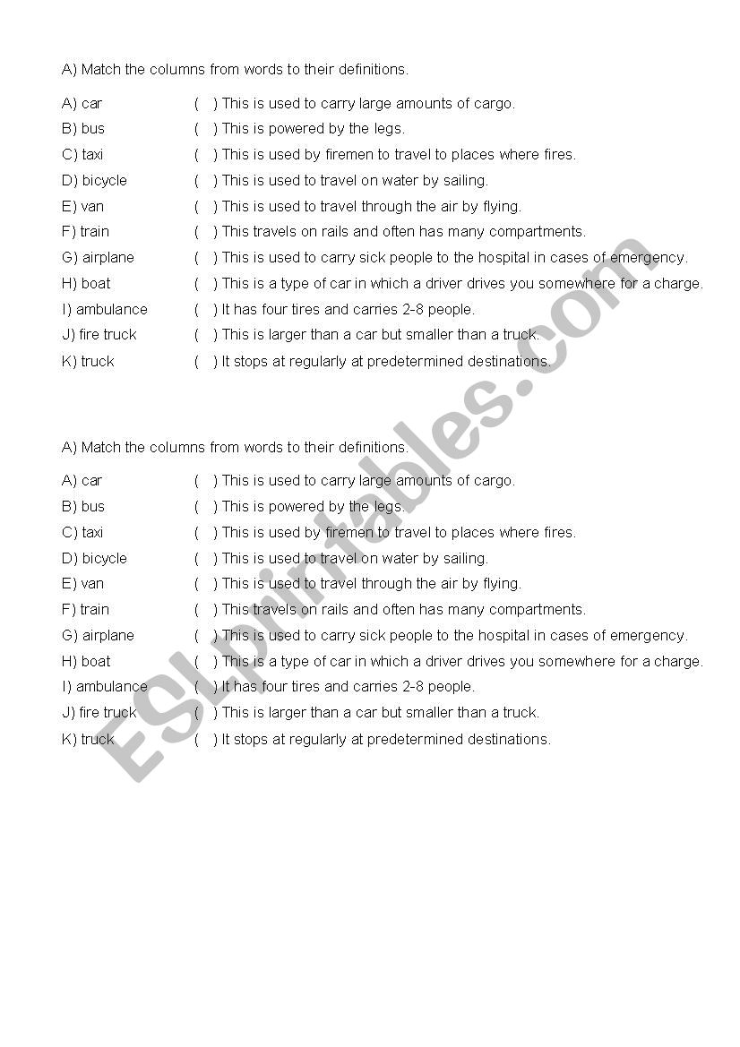 Means of Transportation worksheet