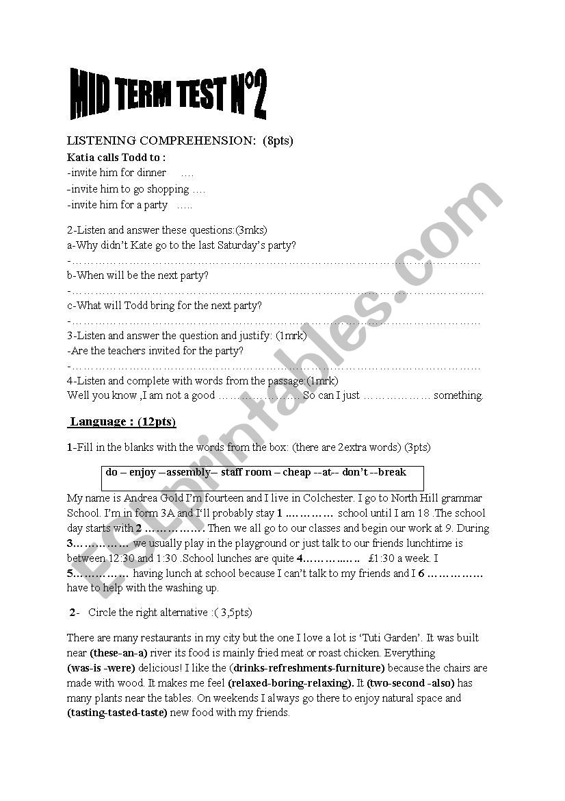 exam worksheet